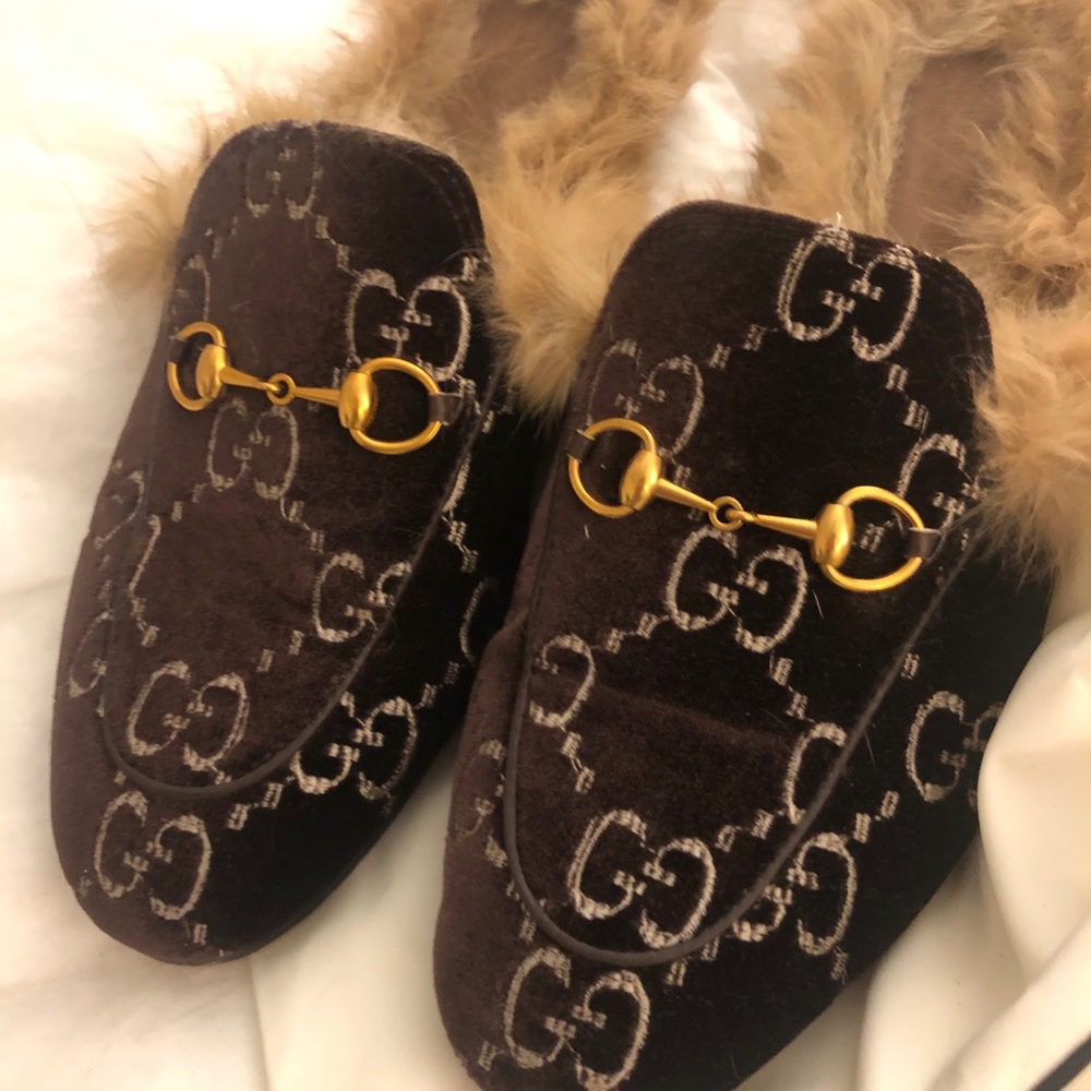 Gucci Princetown brown velvet fur monogram mules